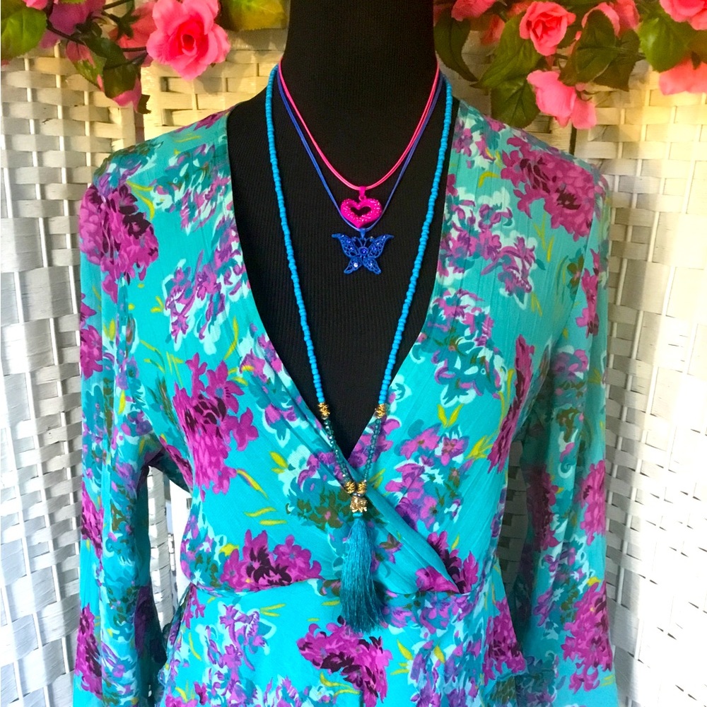 Pink Heart  Blue Butterfly & Teal Bead Elephant Charm Tassel Necklace  🦋…